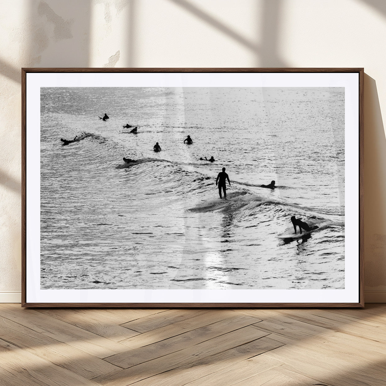 68018616-MGC-FP-36x24_Walnut-Black and White Surf Photography Print – Minimalist Ocean Wall Art, Surfers Riding Waves, Coastal Beach Decor for Modern Home or