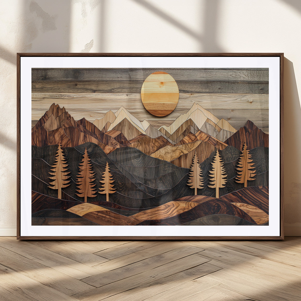 90044381-MGC-FP-36x24_Walnut-Rustic Wall Art – Wooden Mountain Landscape with Sun and Pine Trees, Handcrafted Nature Canvas Style Decor for Bedroom, Living
