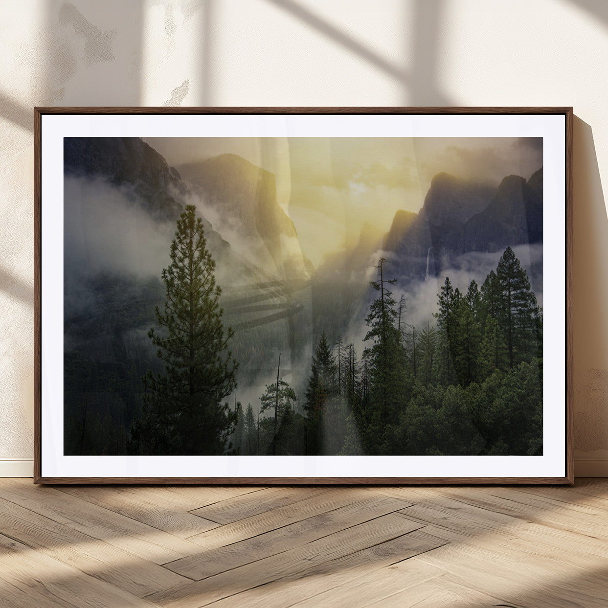 38316884-MGC-FP-36x24_Walnut-Landscape Wall Art – Misty Mountain Valley Canvas Print, Scenic Pine Forest and Sunrise Photography Decor for Bedroom, Living