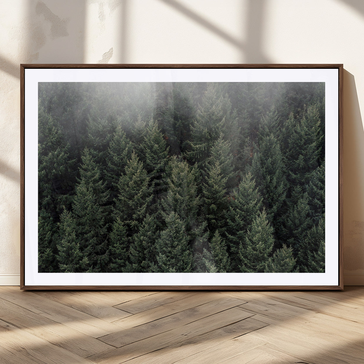 84059409-MGC-FP-36x24_Walnut-Forest Wall Art – Misty Evergreen Trees Canvas Print, Tranquil Nature Photography Decor for Bedroom, Living Room, Office, Cabin or