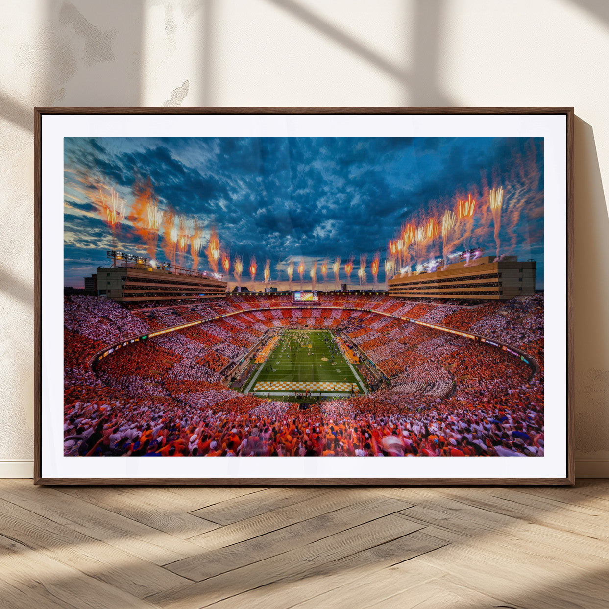 94266219-MGC-FP-36x24_Walnut-Neyland Stadium Wall Art – Panoramic Tennessee Volunteers Checkerboard Crowd Fireworks Canvas Print, Football Game Day Sports