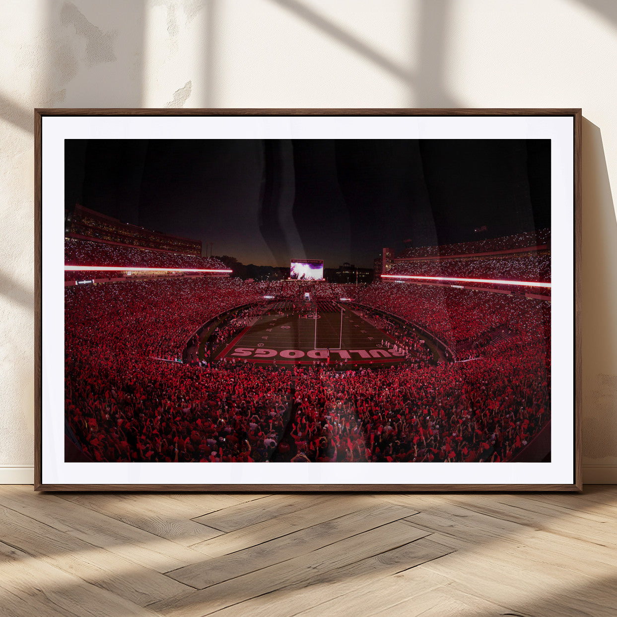 38331045-MGC-FP-36x24_Walnut-Sanford Stadium Wall Art – Panoramic Georgia Bulldogs Red Light Game Football Canvas Print, Night Crowd Sports Decor for Office,