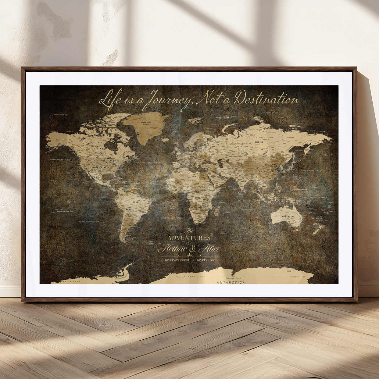 13394308-MGC-FP-36x24_Walnut-Personalized World Map Wall Art – Dark Rustic Vintage Adventure Travel Map with Custom Couple Names, Timeless Wall Decor for Home