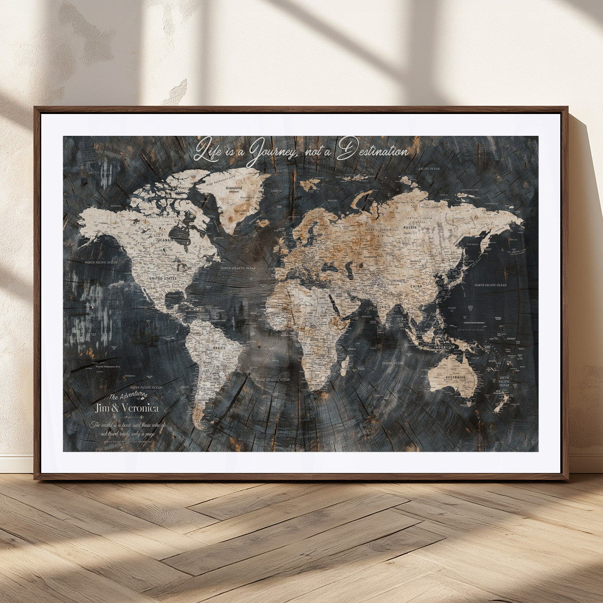 55548943-MGC-FP-36x24_Walnut-Personalized World Map Wall Art – Rustic Wood Texture Adventure Travel Map with Custom Couple Names, Vintage Dark Wall Decor for