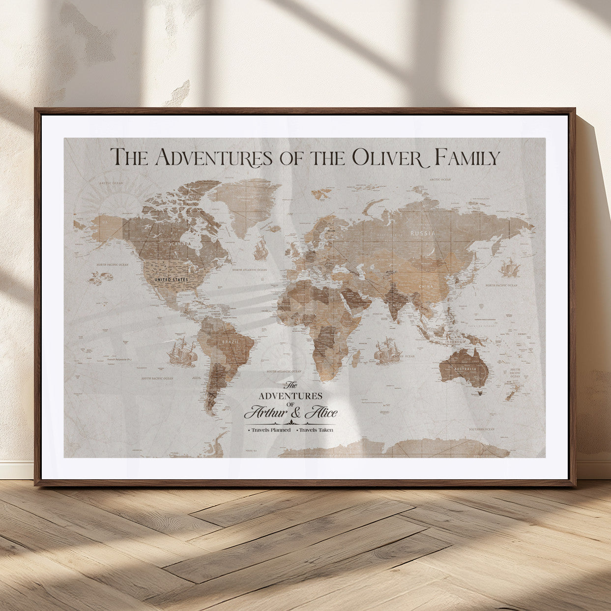 43869621-MGC-FP-36x24_Walnut-Personalized World Map Wall Art – Light Beige Sepia Adventure Travel Map with Custom Family or Couple Names, Rustic Wall Decor for