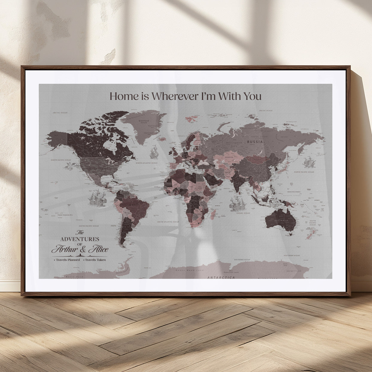 33204797-MGC-FP-36x24_Walnut-Personalized World Map Wall Art – Burgundy & Grey Adventure Travel Map with Custom Names, Romantic Wall Decor for Couples, Home or