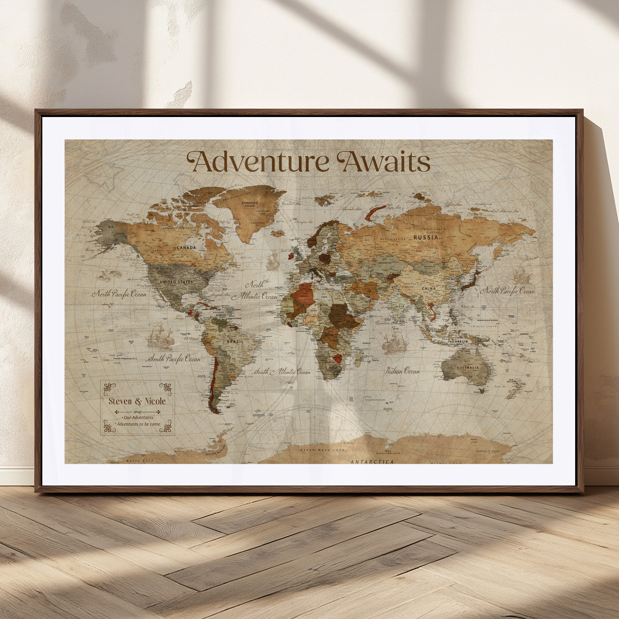18685073-MGC-FP-36x24_Walnut-Personalized World Map Wall Art – Antique Vintage Parchment Adventure Awaits Travel Map with Custom Couple Names, Rustic Wall