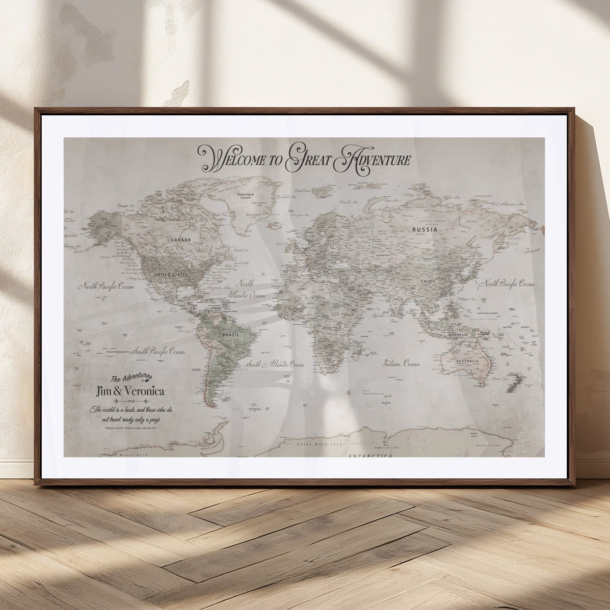 93034948-MGC-FP-36x24_Walnut-Personalized World Map Wall Art – Vintage Beige Adventure Travel Map with Custom Names, Elegant Push Pin Canvas for Couples,