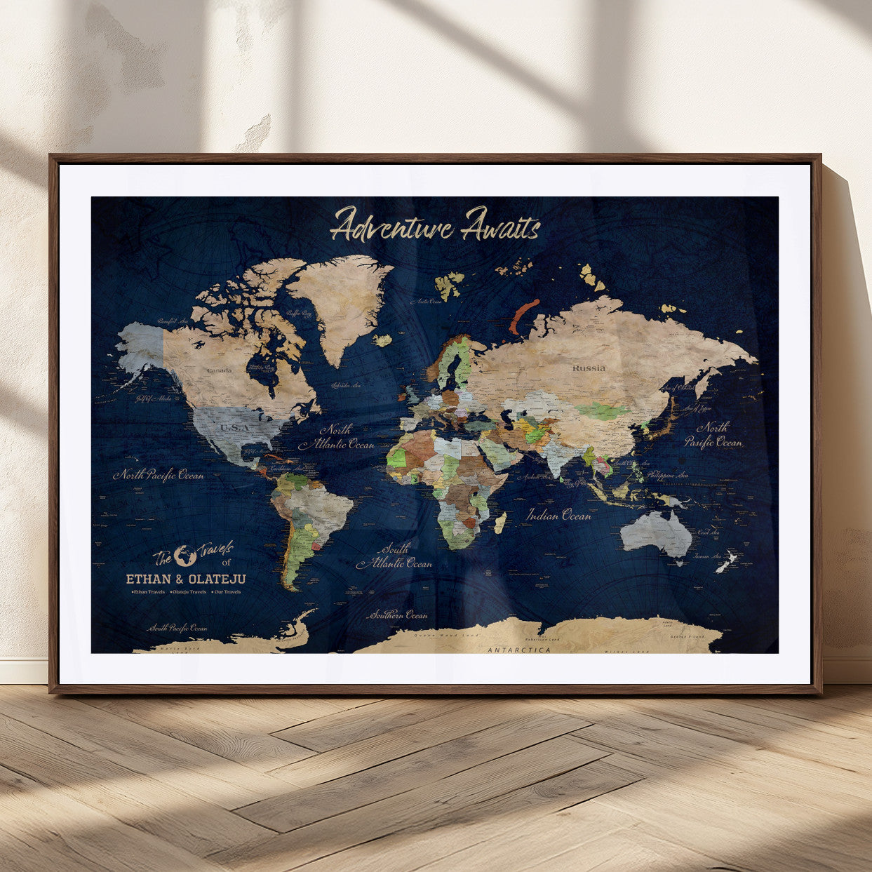 80965072-MGC-FP-36x24_Walnut-Personalized World Map Wall Art – Adventure Awaits Navy Blue Travel Map with Custom Names, Rustic Vintage Wall Decor for Couples,