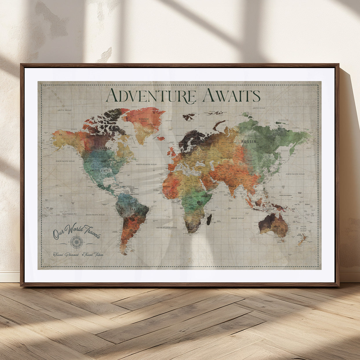 24737989-MGC-FP-36x24_Walnut-Personalized World Map Wall Art – Colorful Vintage Adventure Travel Map with Custom Names, Unique Wall Decor for Couples,
