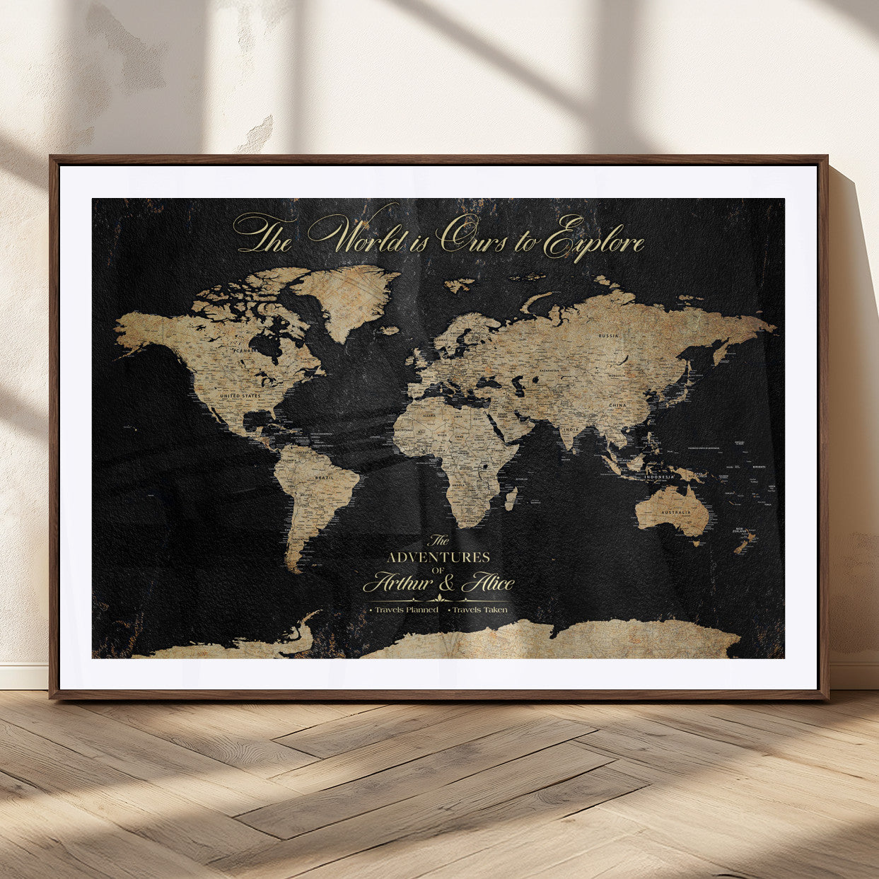 98947257-MGC-FP-36x24_Walnut-Personalized World Map Wall Art – Vintage Black Adventure Travel Map with Custom Names, Elegant Push Pin Canvas for Couples Home