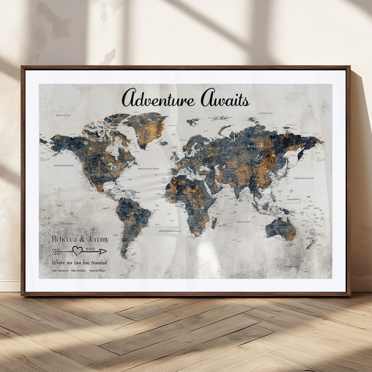 11751559-MGC-FP-36x24_Walnut-Personalized World Map Wall Art – Elegant Adventure Travel Tracker Map for Couples & Families, Push Pin Canvas Poster Decor for Home, Office