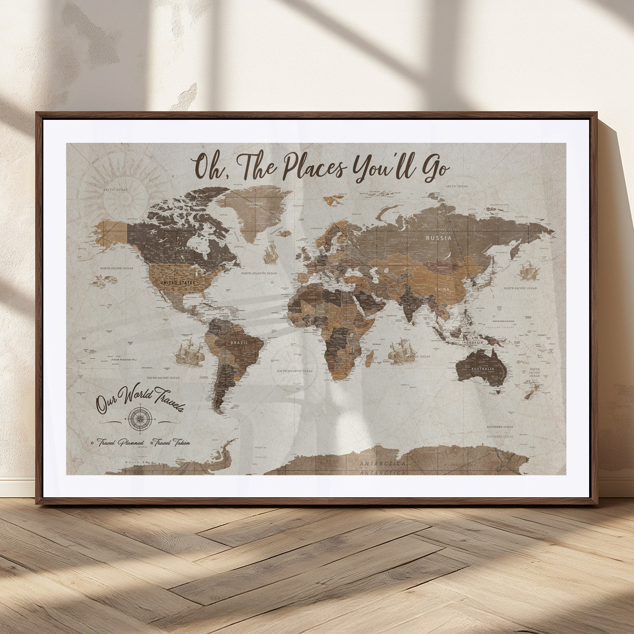 14140137-MGC-FP-36x24_Walnut-Personalized World Map Wall Art – Vintage Nautical Adventure Map with Ships and Compass, Rustic Sepia Tones for Travel Lovers and