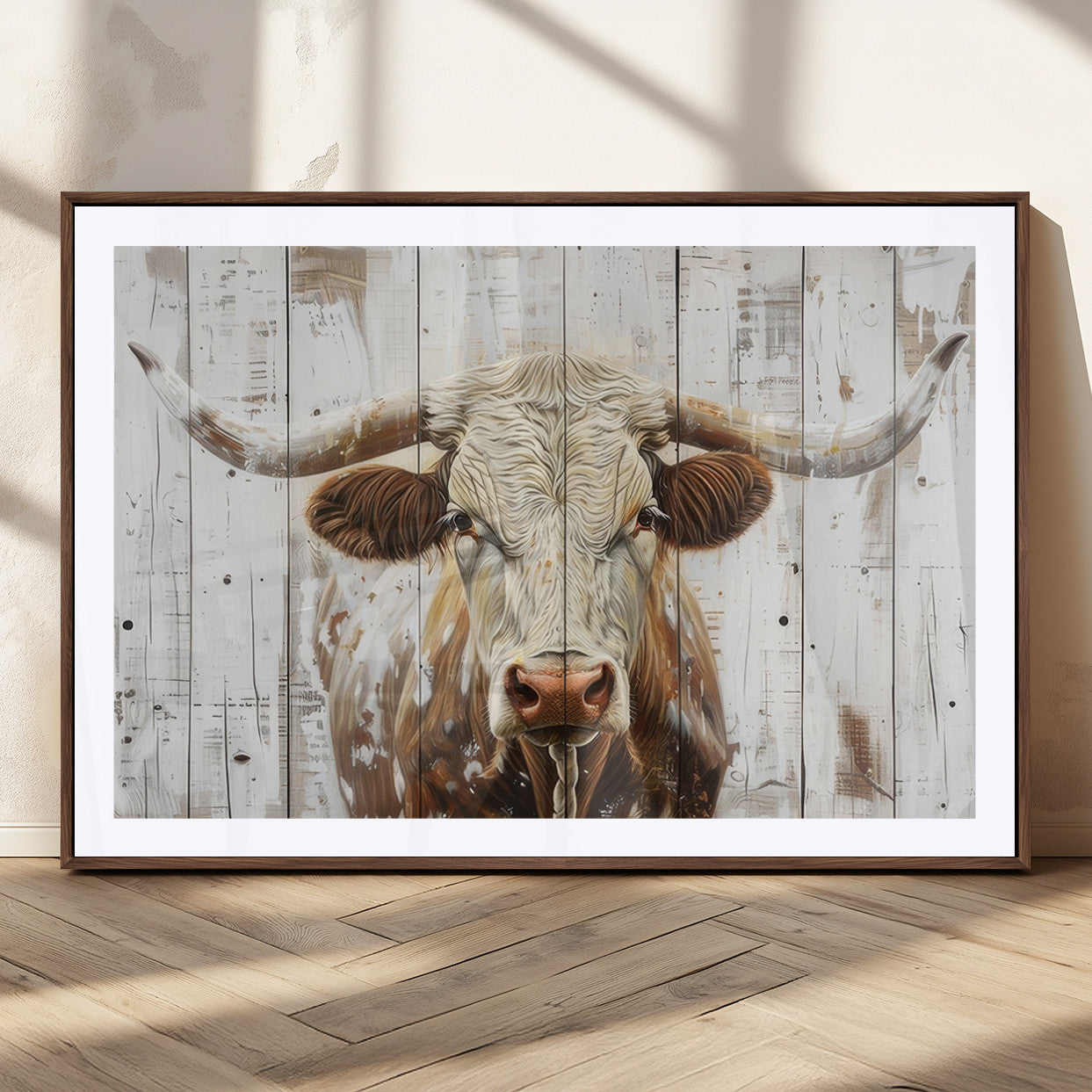 10840-MGC-FP-36x24_Walnut-Texas Longhorn Wall Art Canvas Print, Framed Rustic Bull Art Picture Print, Western Cattle Perfect Rustic Western Decor Artwork