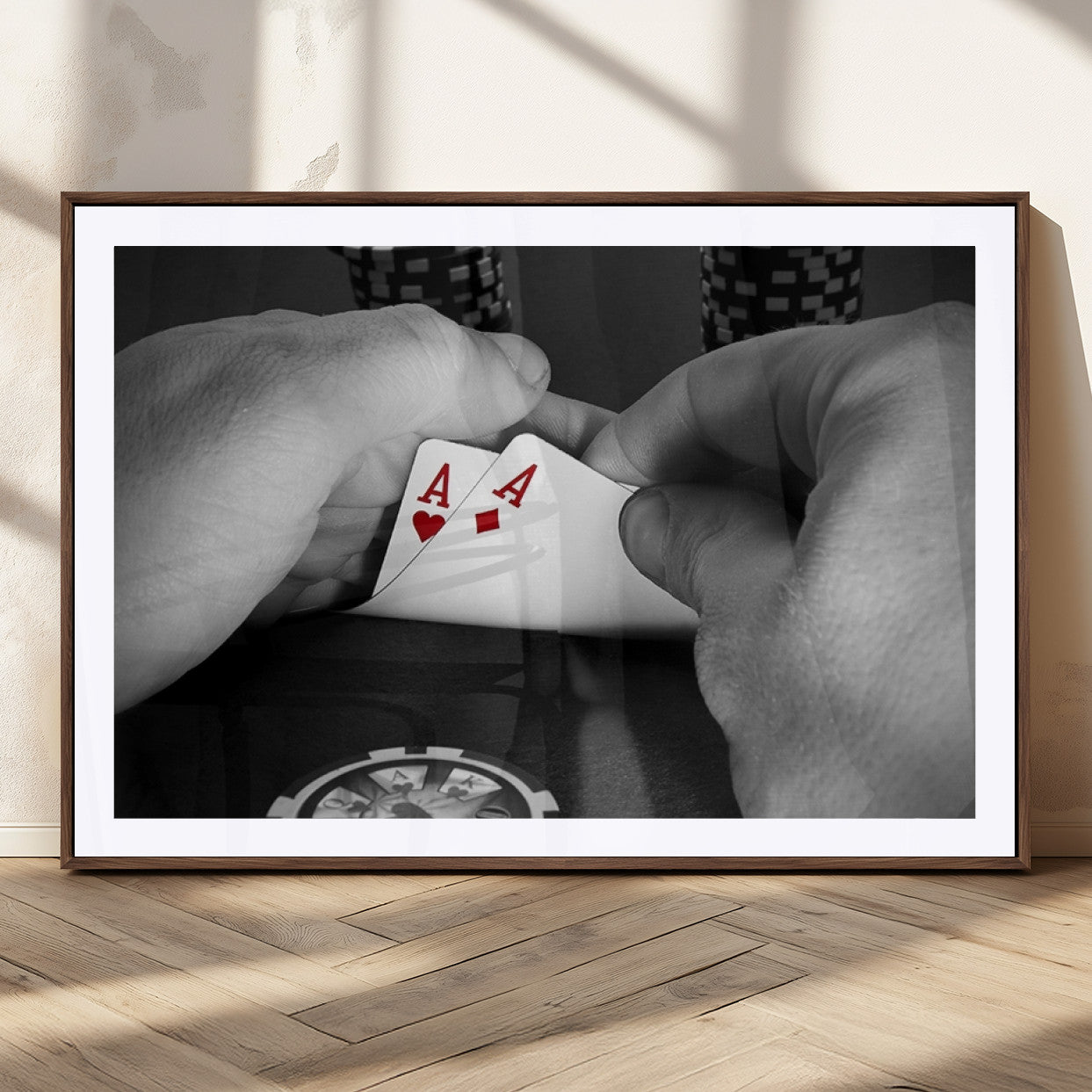 62460-MGC-FP-36x24_Walnut-Poker Game Wall Art – Close Up of Hands Holding Aces with Chips, Casino Style Decor for Game Room, Man Cave or Office
