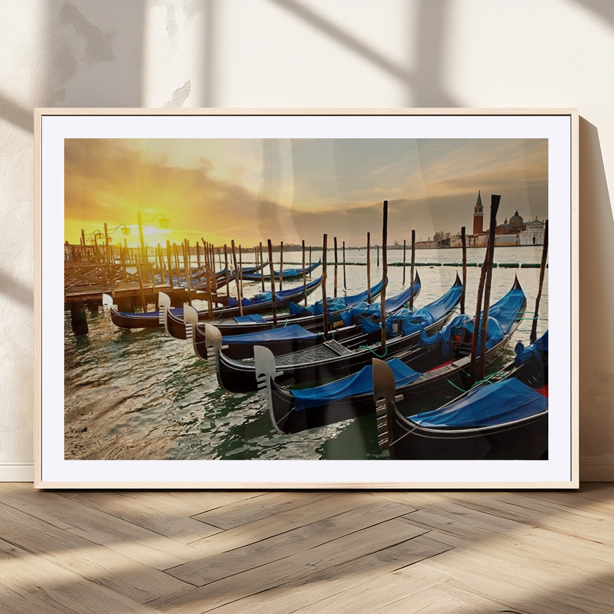 25872-MGC-FP-36x24_Natural-Venetian Gondola Dock Wall Art – Serene Sunset Canal Canvas Print, Tranquil Water Travel Decor for Office, Living Room, or Man
