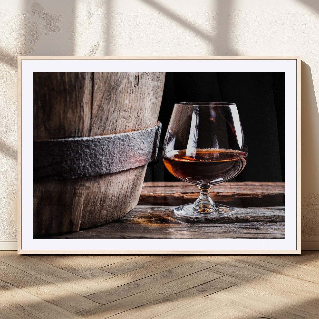 50839-MGV-CV-36X24-Barrel & Brandy Wall Art – Rustic Whiskey Barrel and Brandy Glass Canvas Print, Elegant Home Bar or Lounge Decor for Office, Man