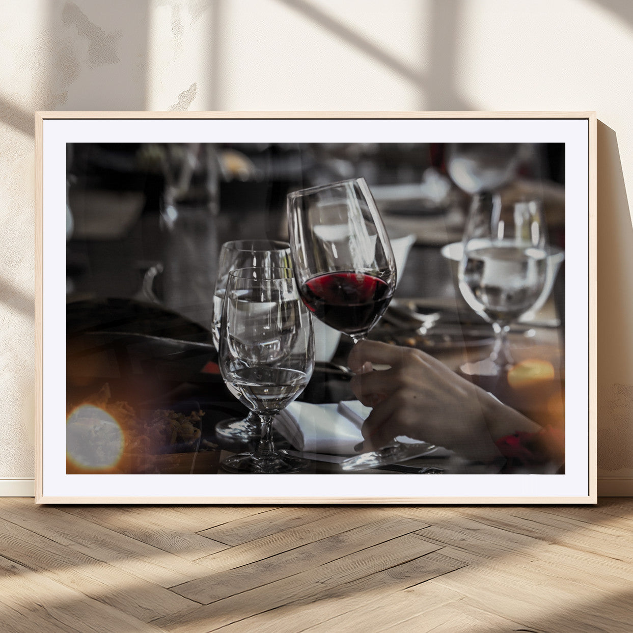 75513-MGV-CV-36X24-Elegant Wine Toast Wall Art – Close-Up Red Wine Glass at Dinner Table Canvas Print, Sophisticated Dining Room or Bar Decor