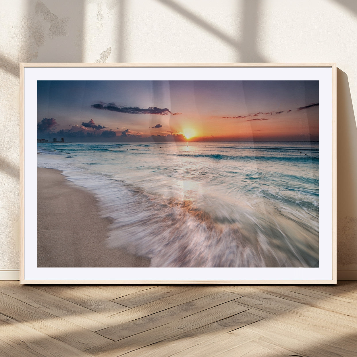 71849-MGC-FP-36x24_Natural-Sunrise Ocean Beach Wall Art – Serene Seascape Canvas Print with Gentle Waves, Coastal Nature Decor for Bedroom, Living Room or