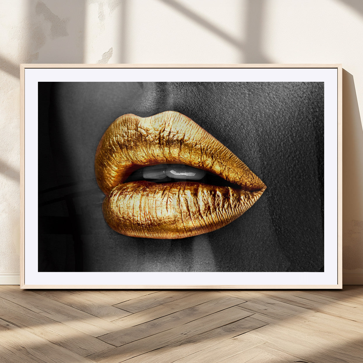 84747-MGC-FP-36x24_Natural-Golden Lips Black & White Portrait – Glamorous Metallic Lip Art Print, Modern Wall Decor for Bedroom, Beauty & Fashion Lover Gift