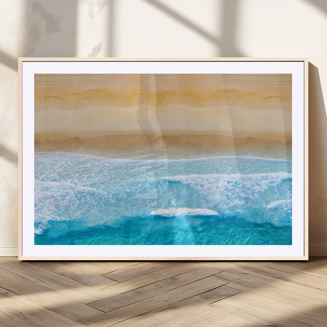 43046-MGC-FP-36x24_Natural-Aerial Beach Wall Art – Serene Ocean Waves & Sandy Shore Canvas Print, Coastal Home Decor for Living Room, Bedroom or Office