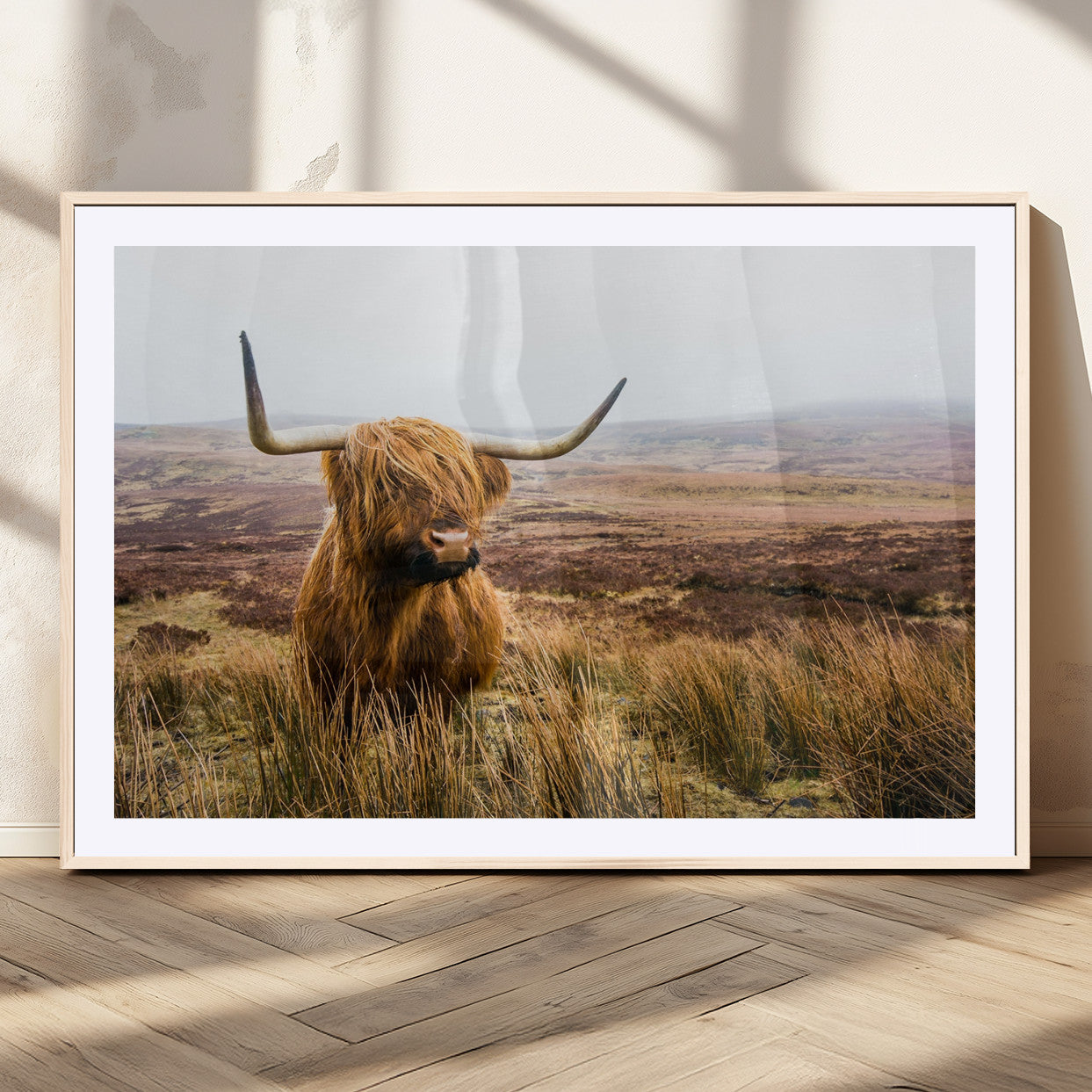 79391-MGC-FP-36x24_Natural-Majestic Highland Cow in Misty Scottish Moorland – Rustic Natural Charm, Perfect for Unique Home or Office Decor
