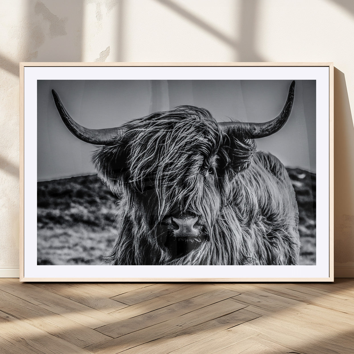 97372-MGC-FP-36x24_Natural-Elegant Highland Cow Wall Art – Black and White Canvas Print, Rustic Nature Decor for Home, Office, Living Room or Man Cave