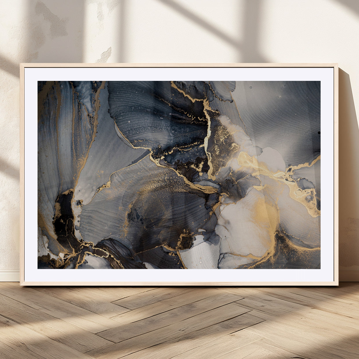 24068-MGC-FP-36x24_Natural-Luxury Abstract Wall Art – Gold & Gray Fluid Ink Painting Canvas, Modern Metallic Home Decor, Elegant Office or Living Room Accent