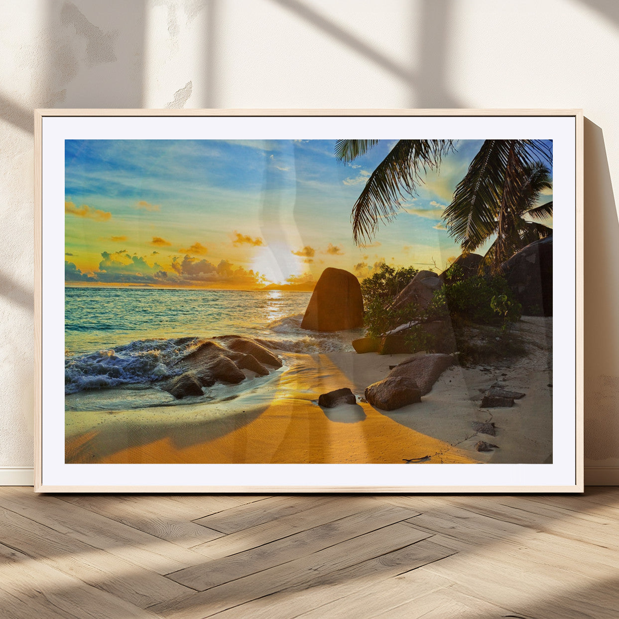 26181-MGV-CV-36X24-Golden Tropical Sunset Beach Wall Art – Ocean Canvas Print with Palm Trees and Rocks, Coastal Paradise Decor for Living Room or