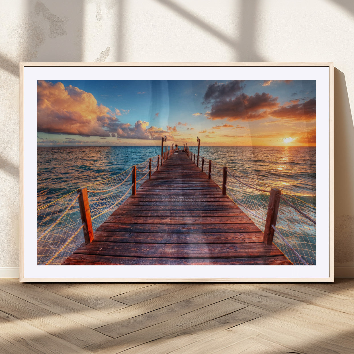 28836-MGV-CV-36X24-Ocean Pier Sunset Wall Art – Wooden Dock and Golden Horizon Canvas Print, Coastal Seascape Photography for Living Room, Bedroom,