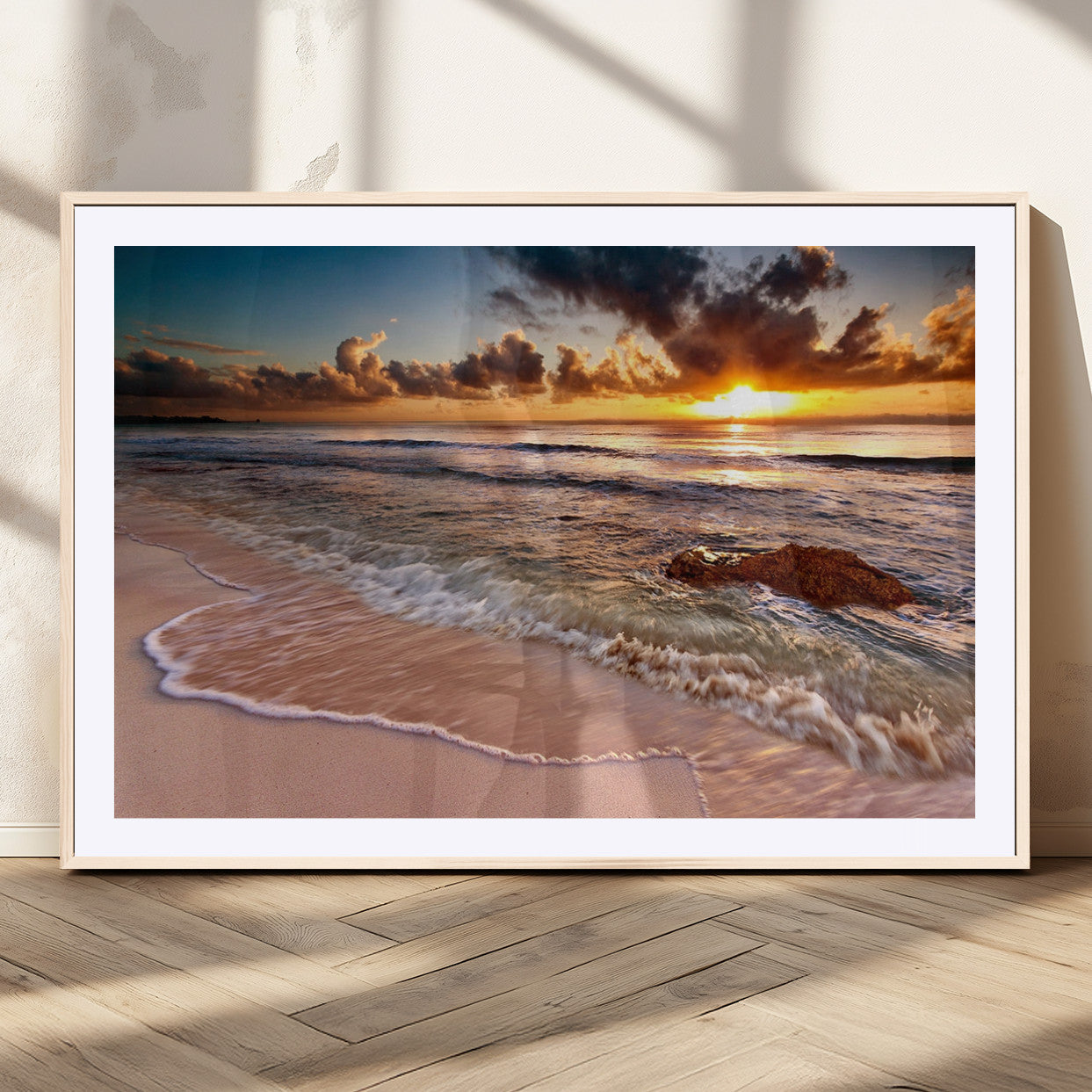 80979-MGV-CV-36X24-Golden Sunrise Beach Wall Art – Ocean Waves and Sandy Shore Canvas Print, Coastal Sunset Photography Artwork for Living Room,