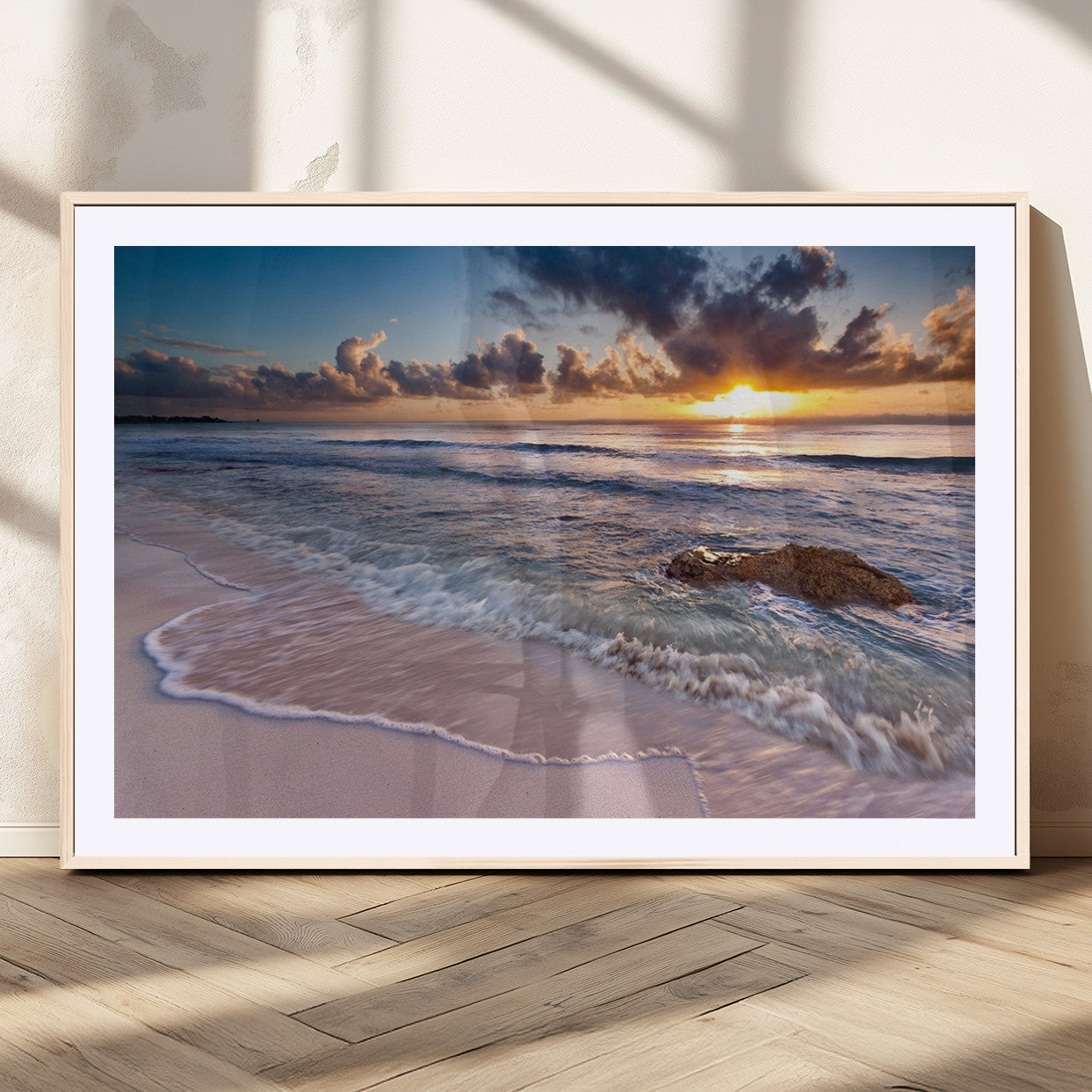 94906-MGV-CV-36X24-Sunrise Beach Wall Art – Panoramic Ocean Waves Canvas Print, Coastal Sunset Seascape Artwork for Living Room, Bedroom, or Office