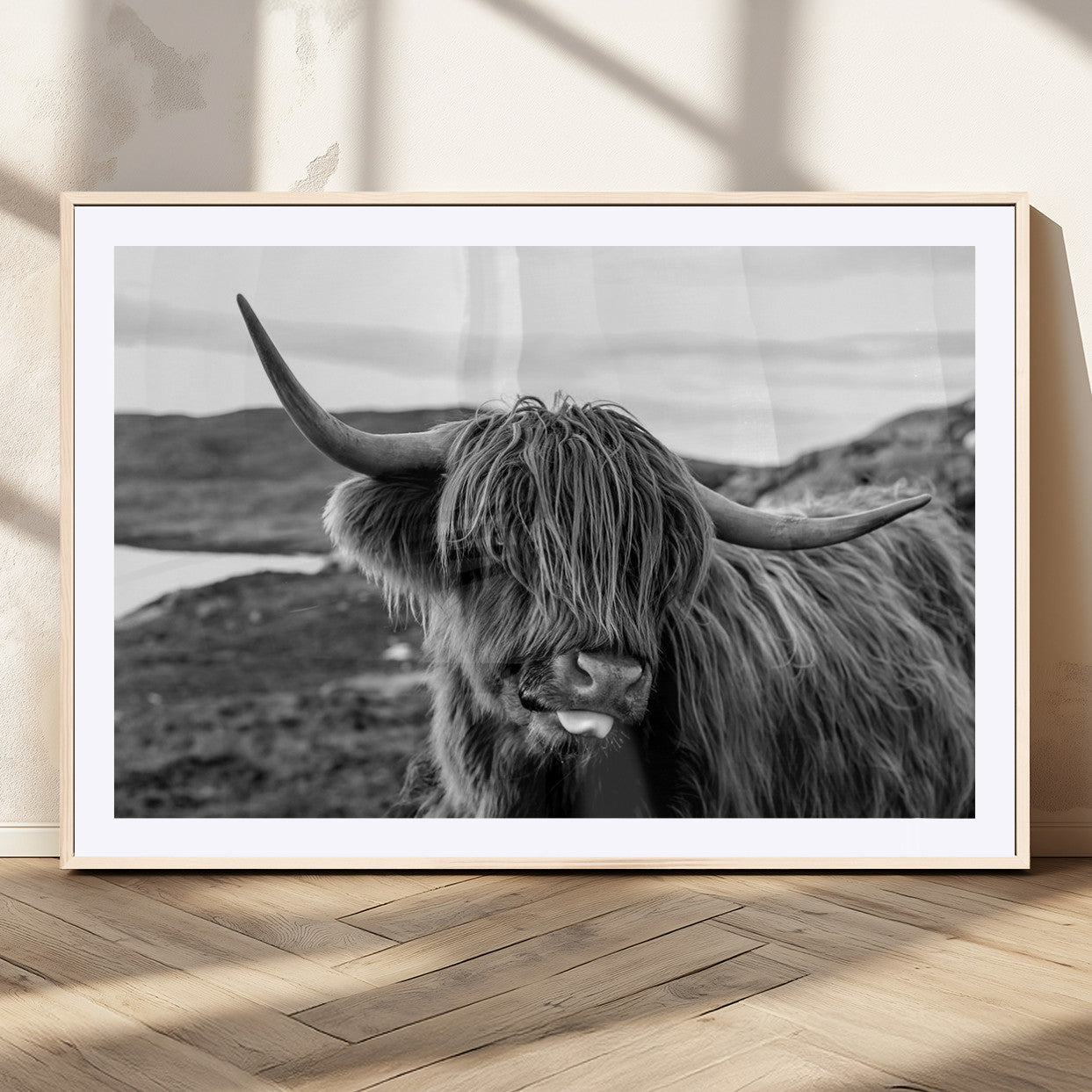 83810-MGC-FP-36x24_Natural-Highland Cow Wall Art – Black and White Highland Cattle Print, Rustic Farmhouse Animal Decor for Living Room or Office
