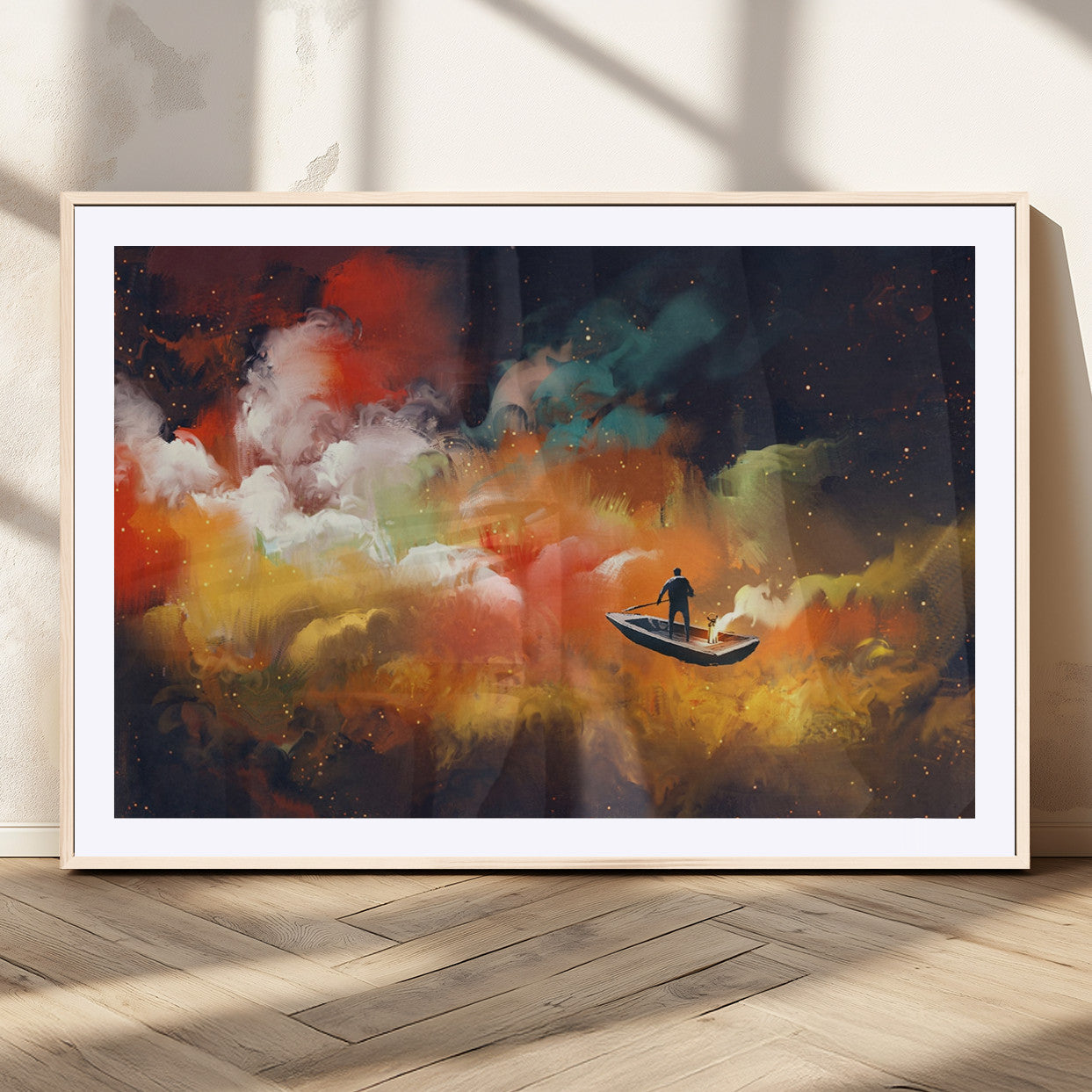 45085-MGV-CV-36X24-Surreal Cosmic Wall Art – Abstract Galaxy Dreamscape Canvas Print with Man and Dog in Boat, Fantasy Nebula Painting for Living