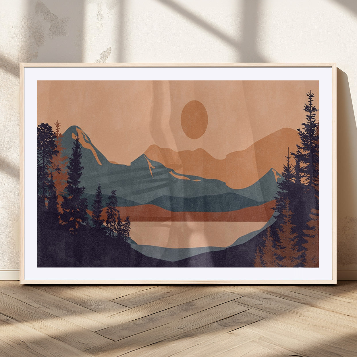 62795-MGC-FP-36x24_Natural-Minimalist Mountain Landscape Wall Art – Abstract Sunset Over Peaks and Pine Trees Canvas Print, Modern Nature Decor for Living
