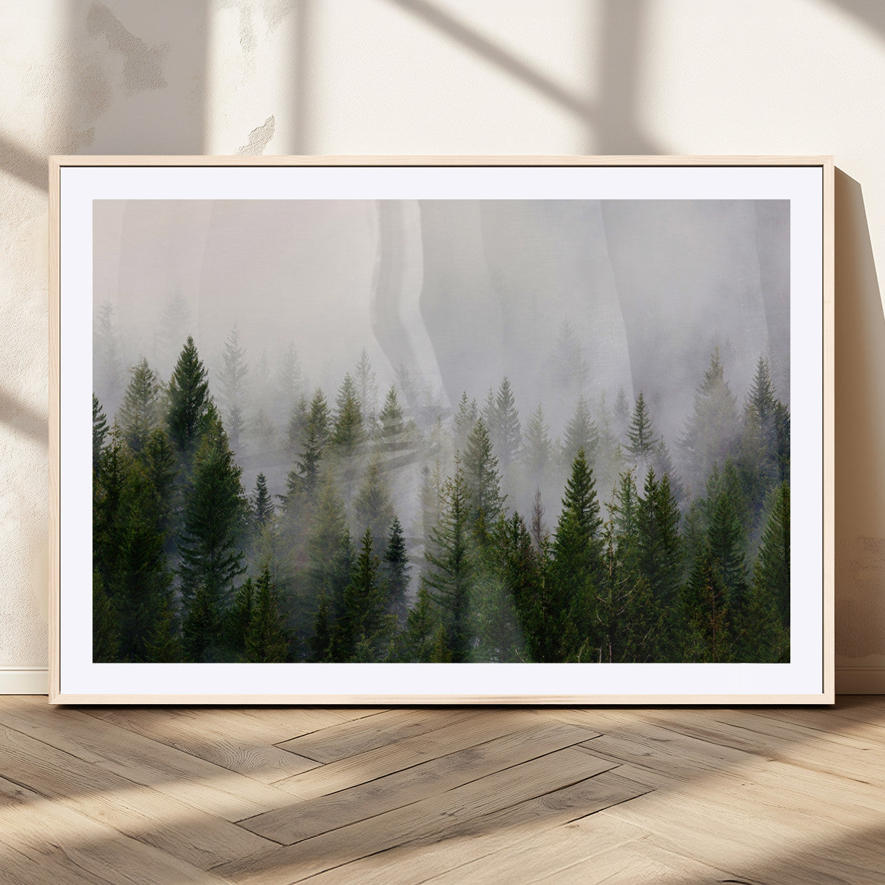 11436-MGV-CV-36X24-Misty Forest Wall Art – Tranquil Evergreen Tree Canvas Print with Foggy Landscape, Nature Inspired Artwork for Bedroom, Living