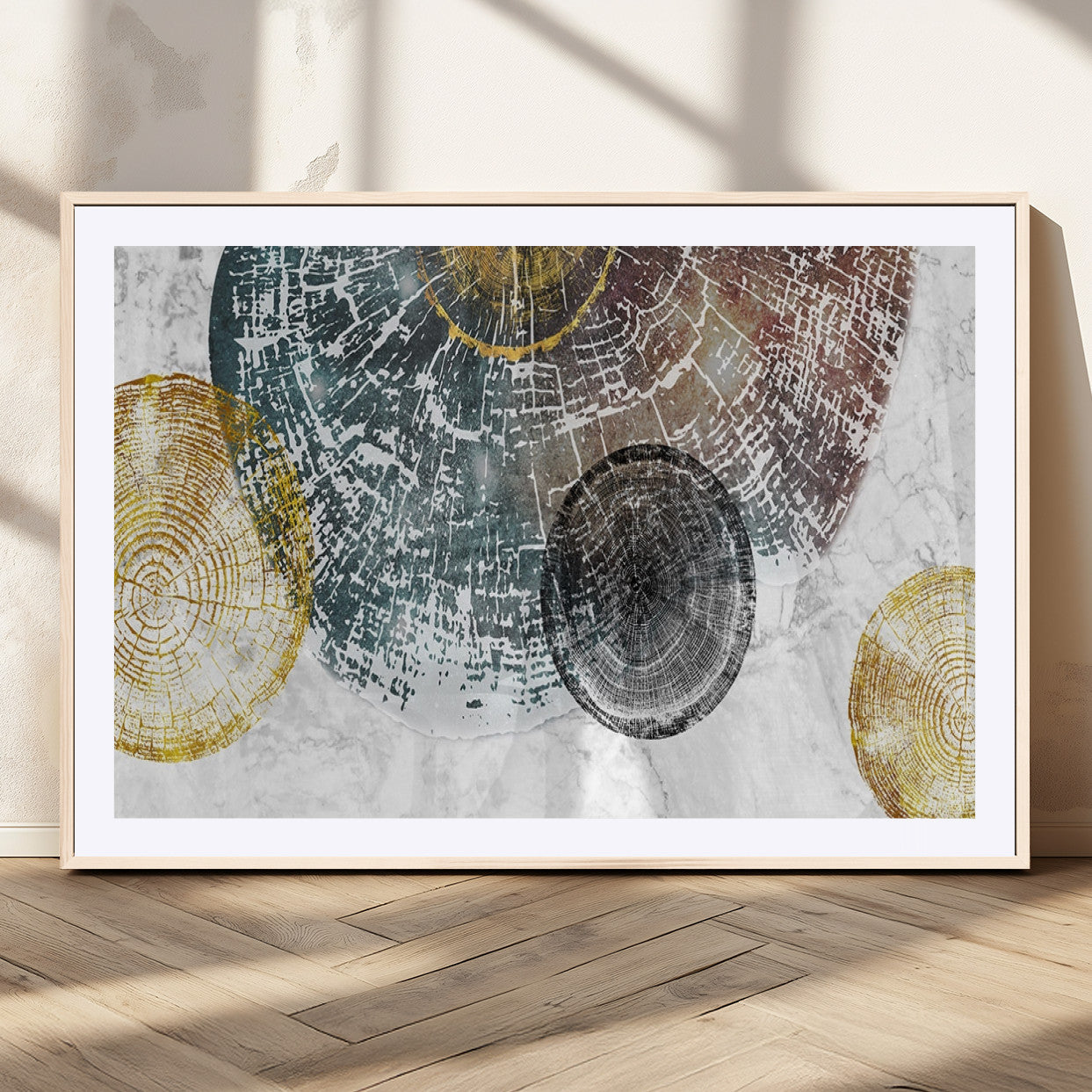 70653-MGC-FP-36x24_Natural-Abstract Tree Ring Wall Art – Modern Rustic Wood Slice Canvas Print with Gold Accents, Contemporary Nature Decor for Living Room,