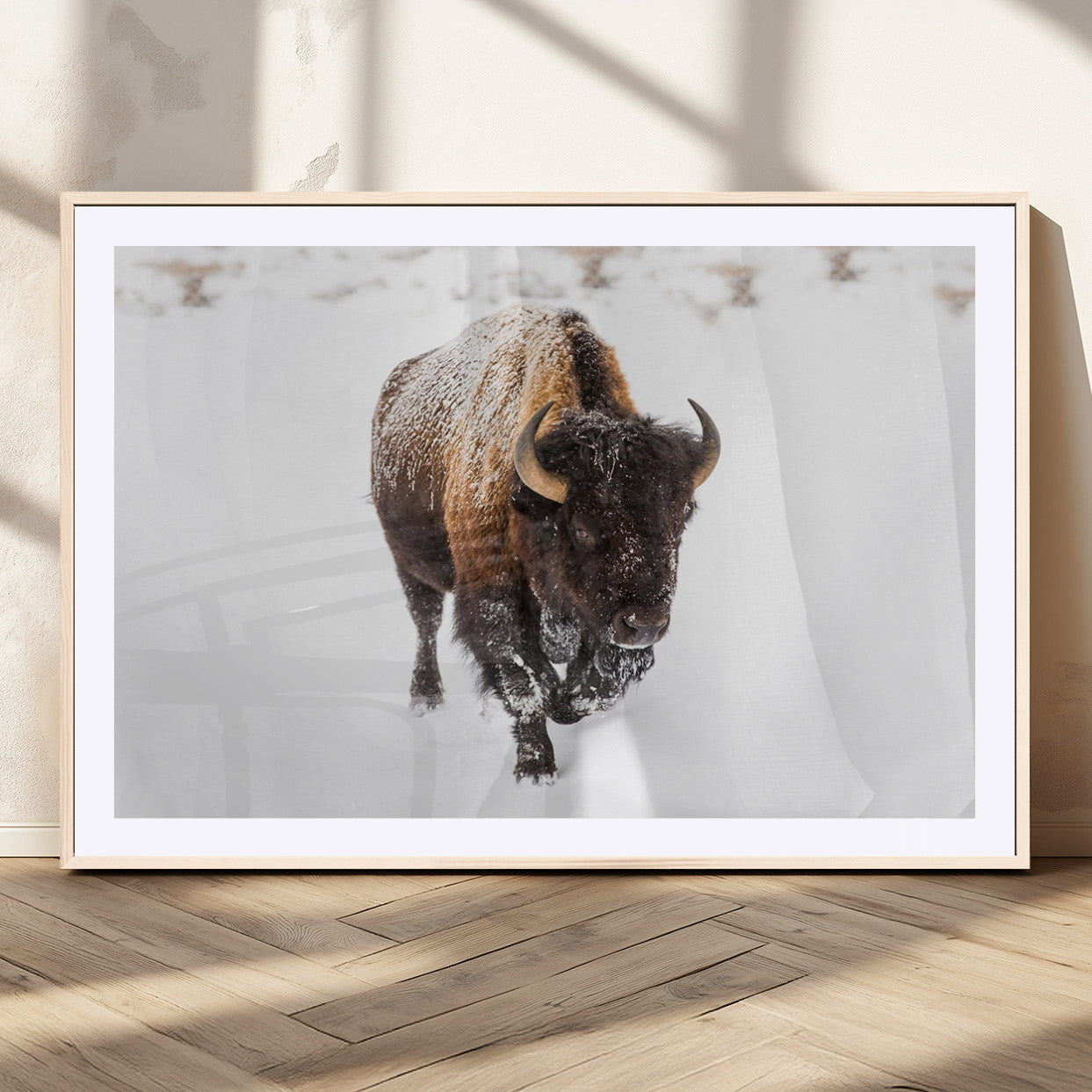 19889-MGV-CV-36X24-Snow Bison Wall Art – Majestic Buffalo Winter Landscape Canvas Print, Rustic Wildlife Photography Decor for Cabin, Lodge, Living