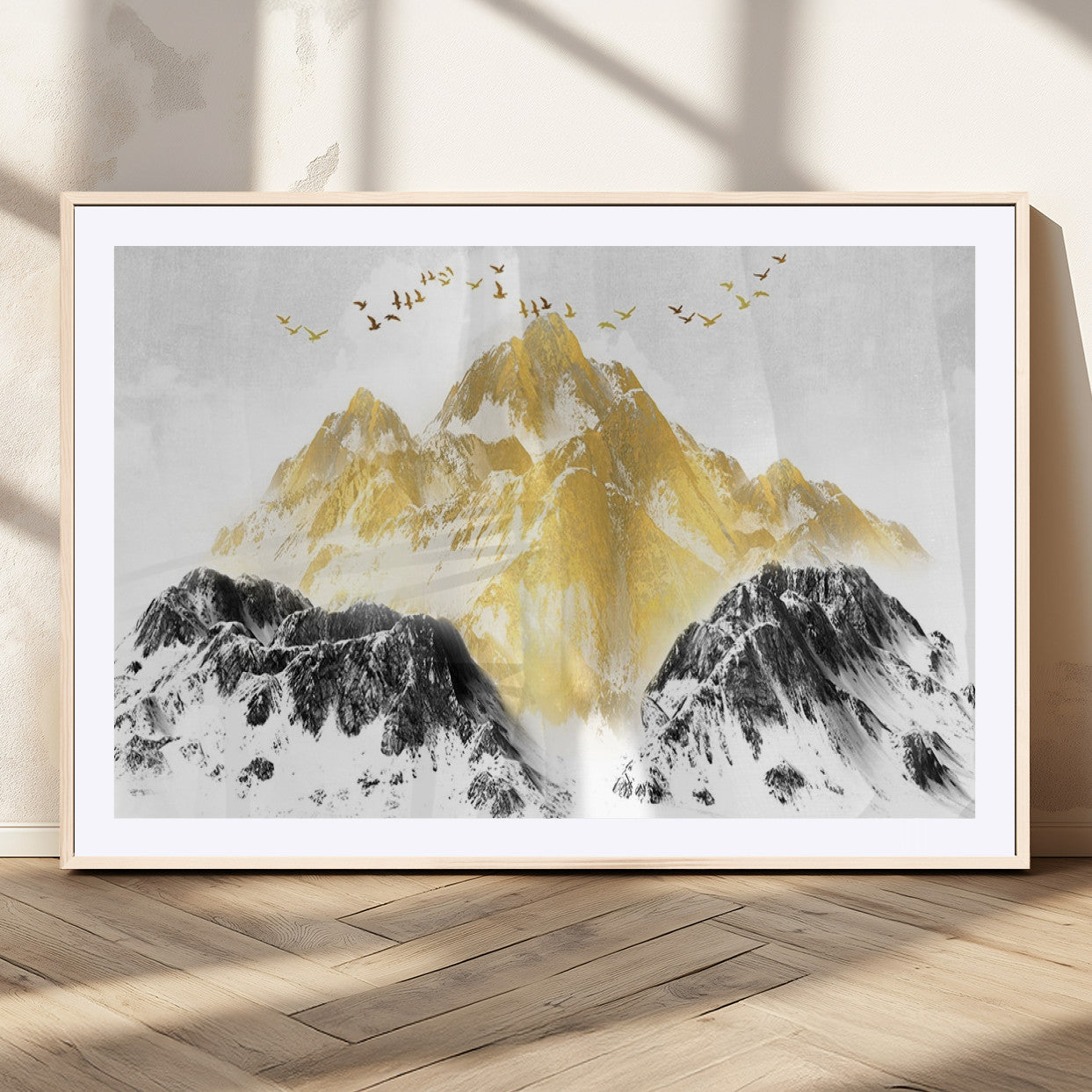 37733-MGC-FP-36x24_Natural-Golden Mountain Wall Art – Modern Abstract Landscape Canvas Print with Birds, Luxury Nature Decor for Living Room, Bedroom, or