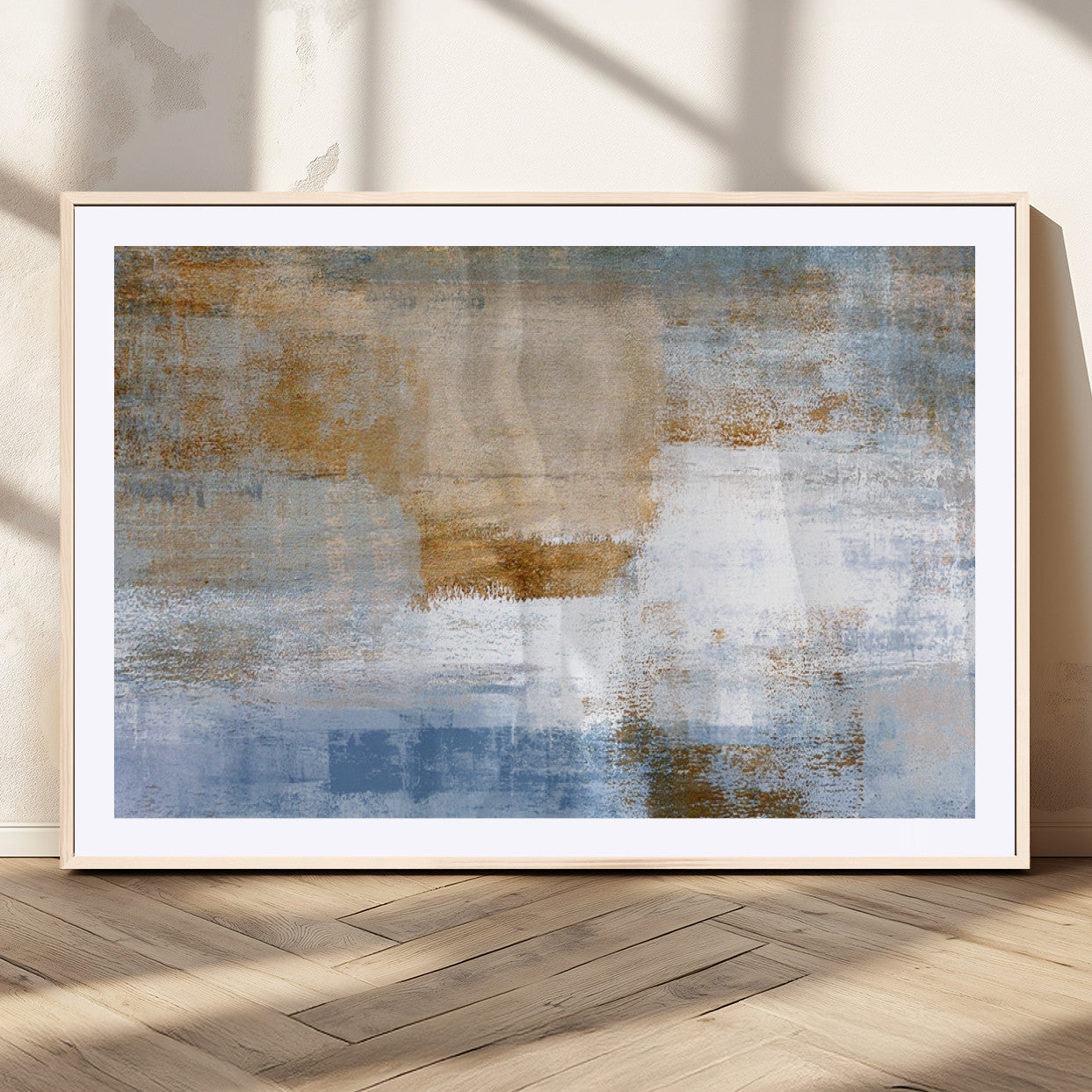 72354-MGC-FP-36x24_Natural-Blue and Gold Abstract Wall Art – Modern Minimalist Canvas Print, Textured Contemporary Painting for Living Room, Bedroom, or