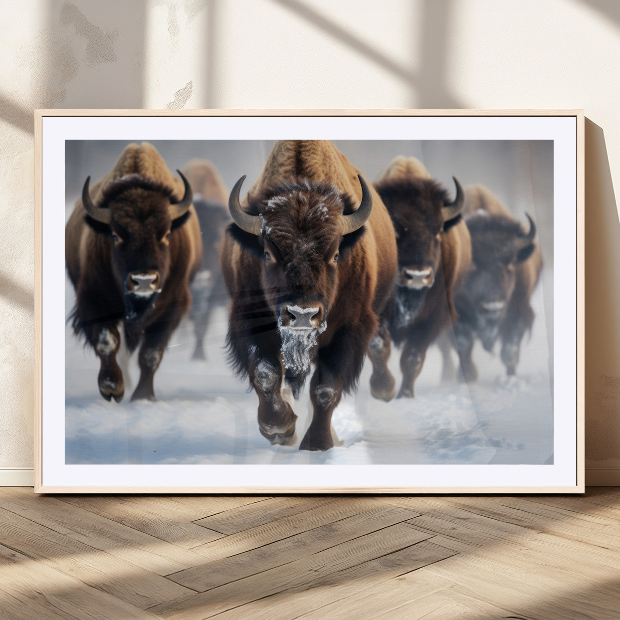 80512-MGV-CV-36X24-Bison Herd Wall Art – Buffalo Running in Snow Canvas Print, Rustic Wildlife Photography Decor for Cabin, Lodge, or Living Room