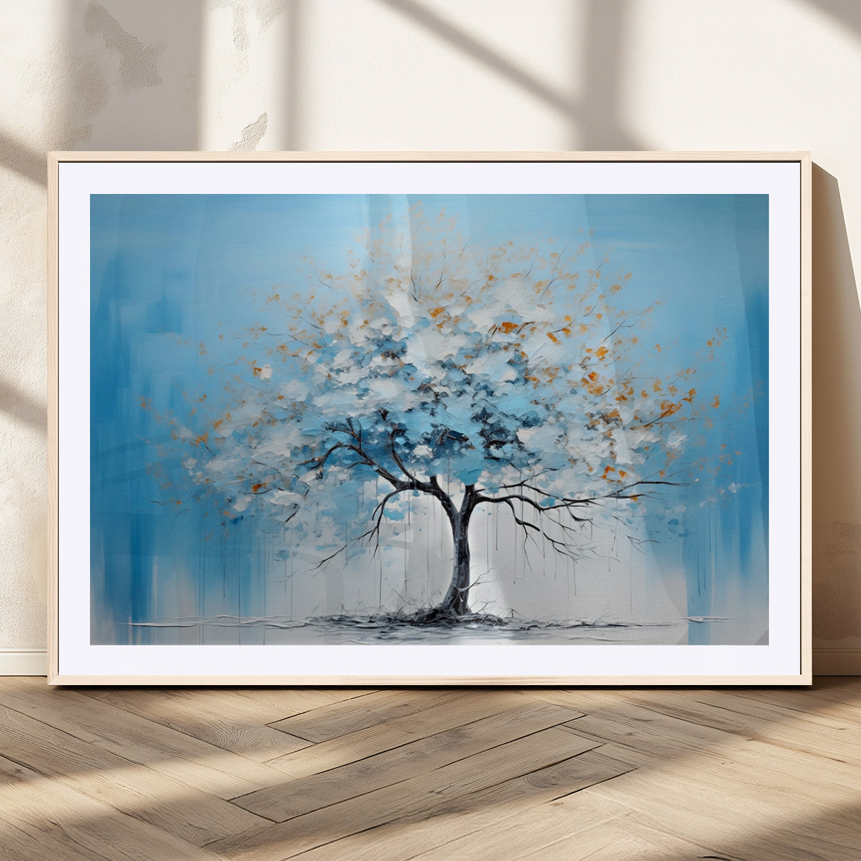 25021-MGC-FP-36x24_Natural-Abstract Tree Wall Art – Blue and White Canvas Painting with Gold Accents, Modern Nature-Inspired Artwork for Living Room, Bedroom