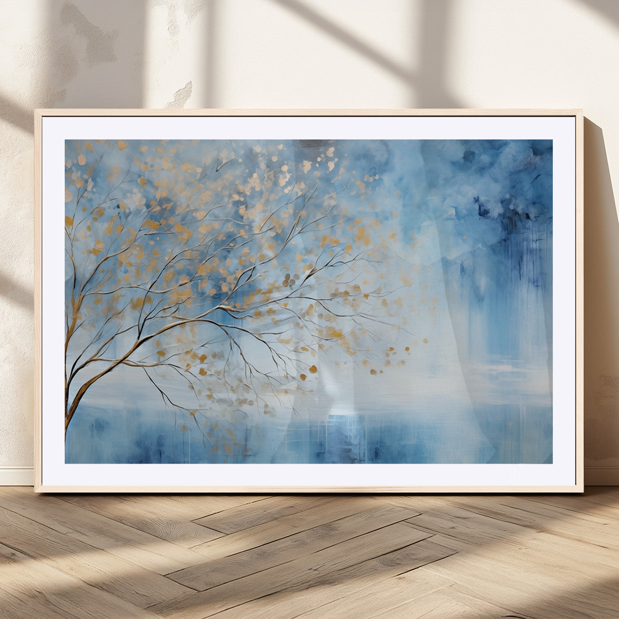 23891-MGC-FP-36x24_Natural-Abstract Tree Wall Art – Minimalist Blue and Gold Canvas Painting, Elegant Nature-Inspired Artwork for Living Room, Bedroom or