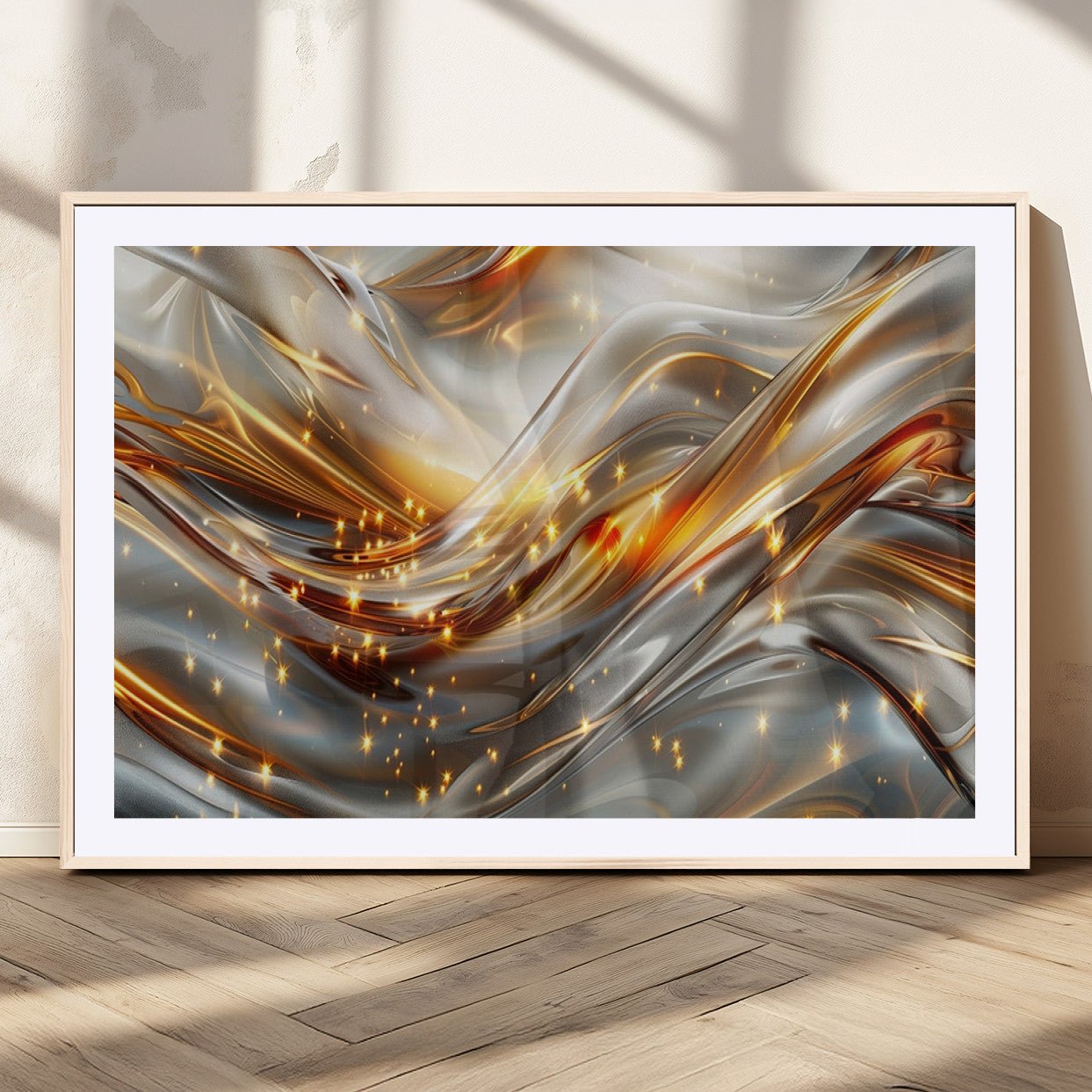 Lines1-MGC-FP-36x24_Natural-Abstract Metallic Wall Art – Silver and Gold Wave Canvas Print with Sparkling Accents, Modern Luxury Decor for Living Room, Office