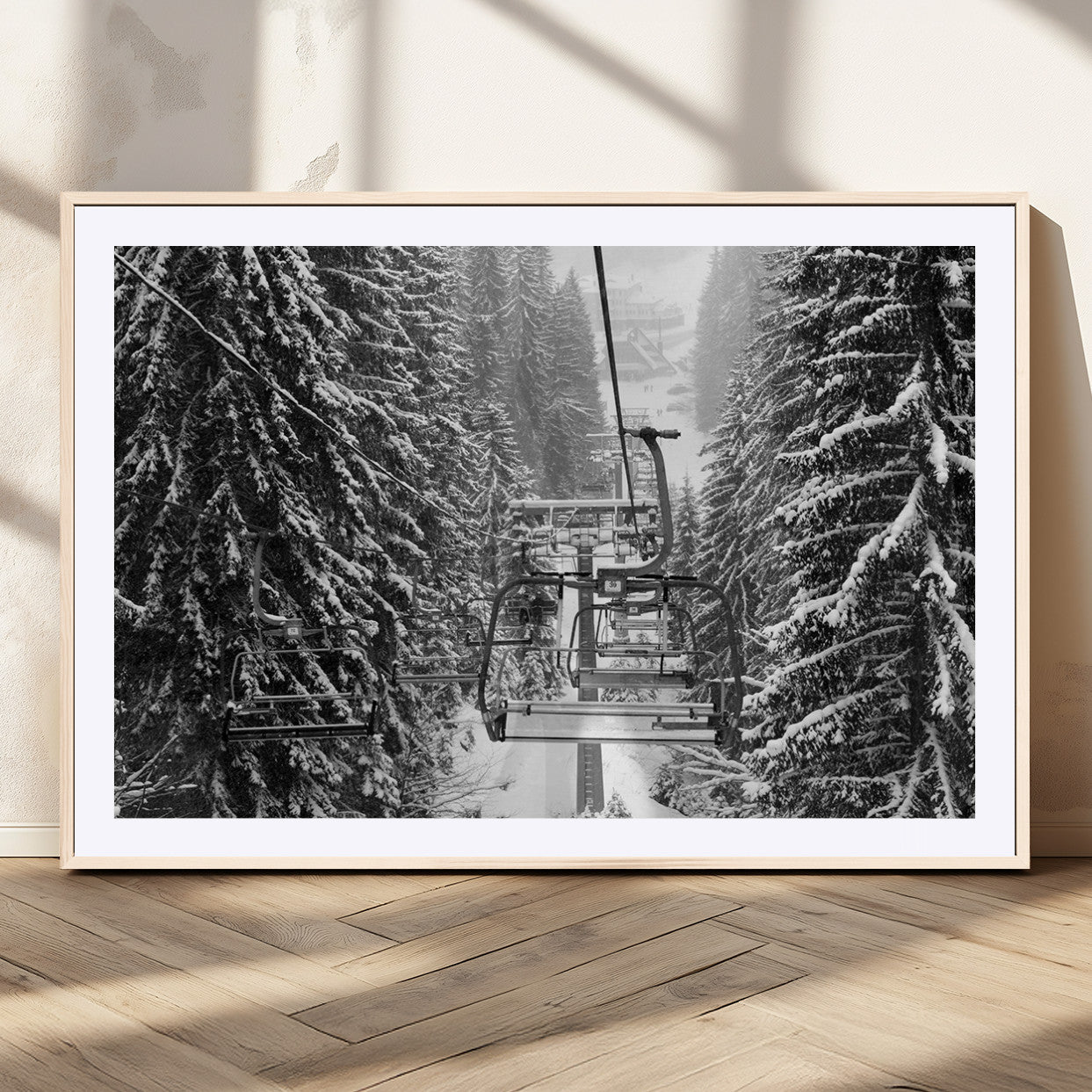 19240-MGC-FP-36x24_Natural-Ski Lift Wall Art – Black and White Winter Mountain Canvas Print, Snowy Forest Ski Resort Photography for Cabin, Lodge, Office or