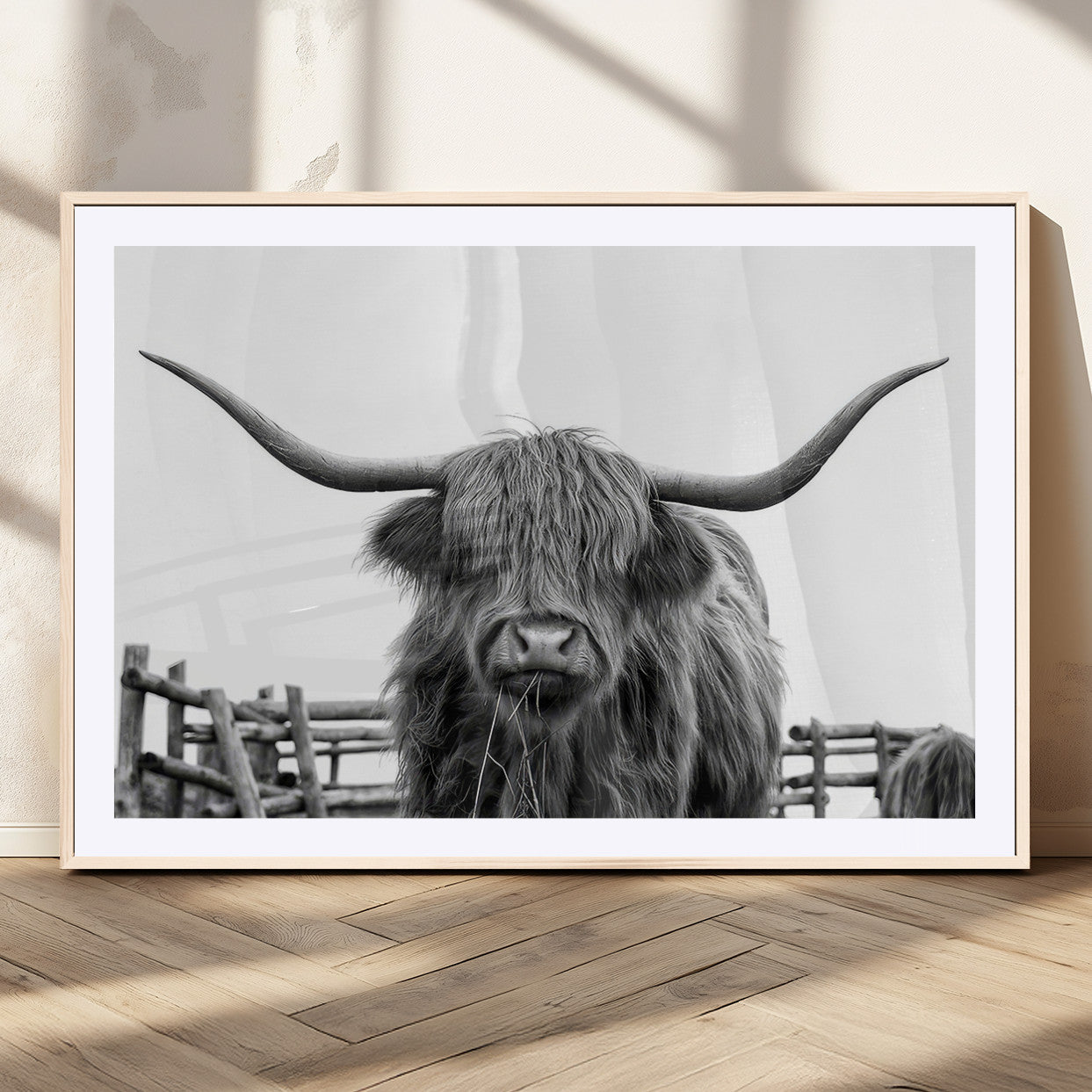 58188-MGV-CV-36X24-Highland Cow Wall Art – Black and White Rustic Farmhouse Canvas Print, Longhorn Cattle Photography Decor for Living Room or