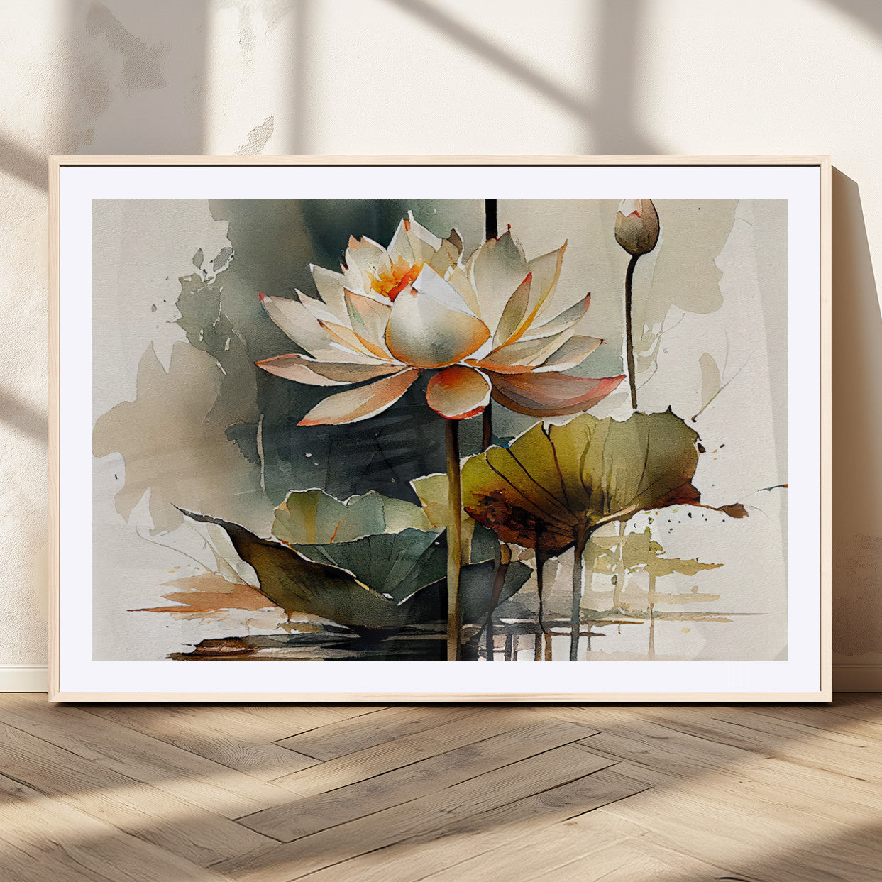 62531-MGC-FP-36x24_Natural-Lotus Flower Wall Art – Watercolor Botanical Canvas Print, Tranquil Nature Artwork for Living Room, Bedroom or Meditation Space