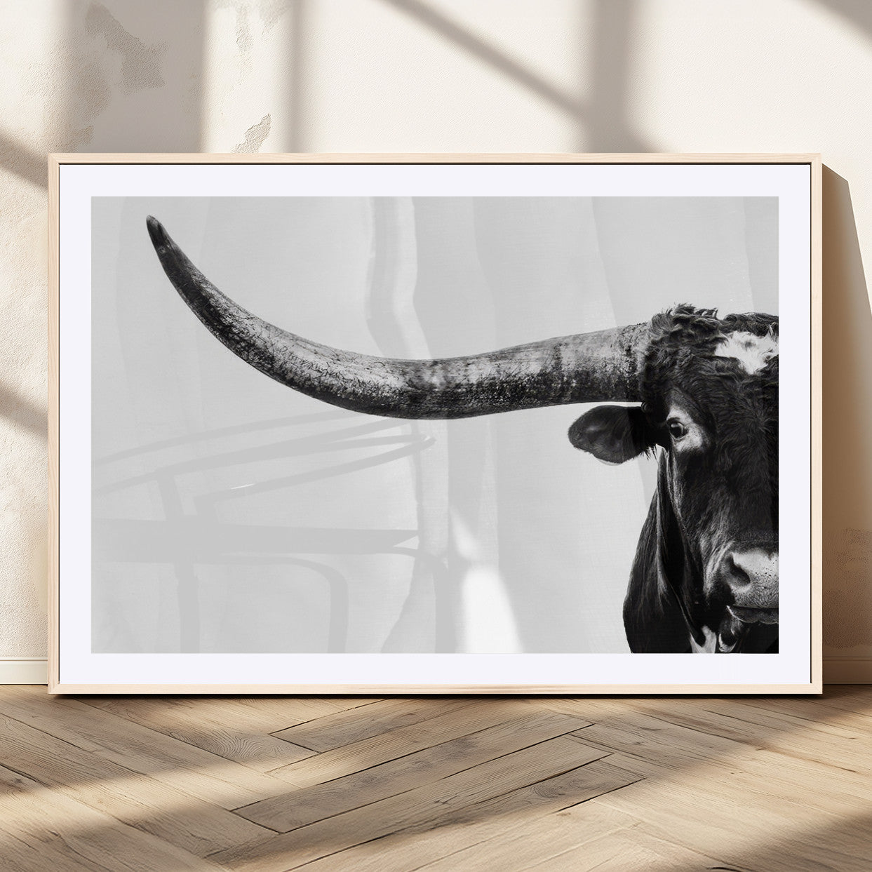 31699-MGC-FP-36x24_Natural-Longhorn Wall Art – Black and White Texas Longhorn Cow Canvas Print, Rustic Western Farmhouse Artwork for Living Room, Bedroom or