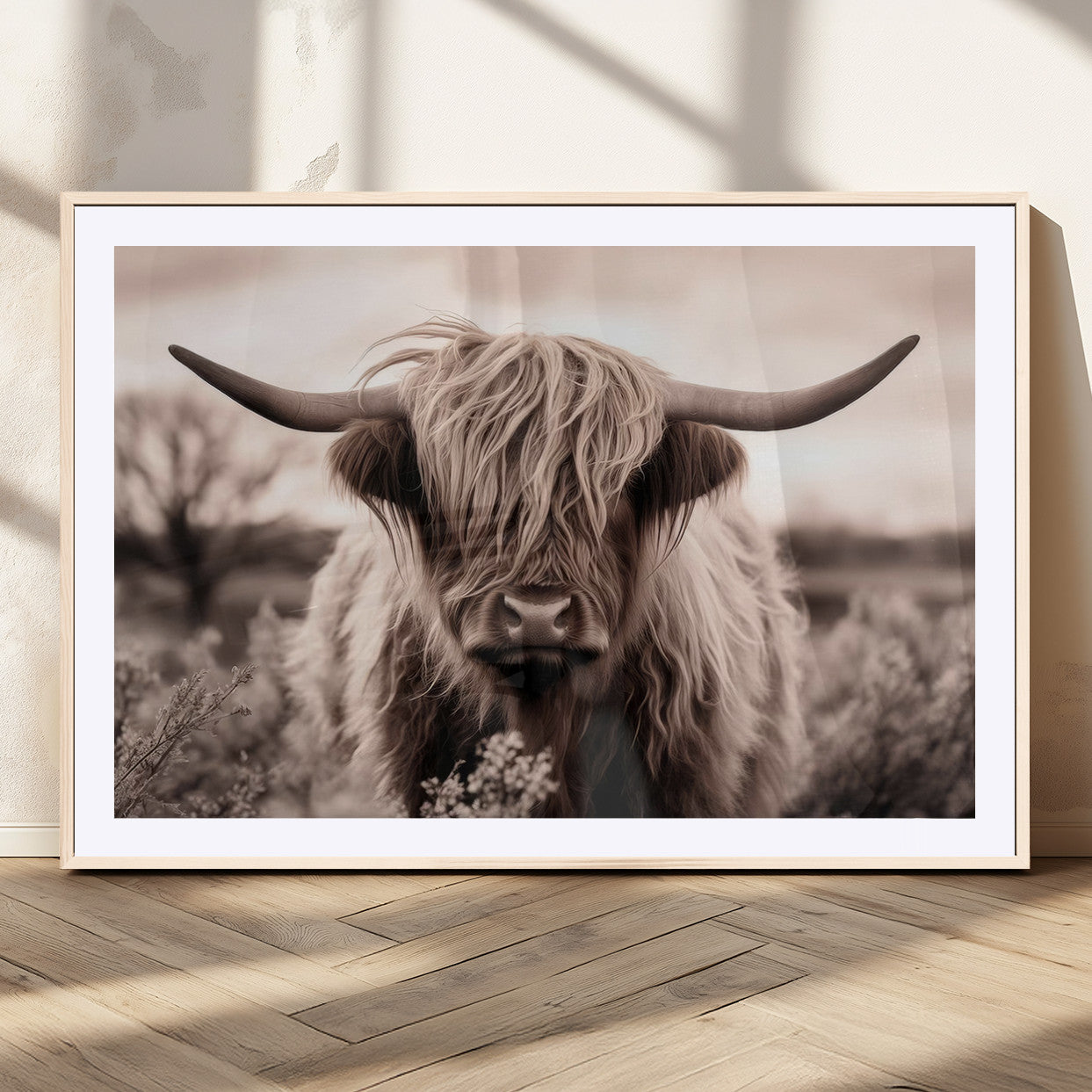 55903-MGC-FP-36x24_Natural-Highland Cow Wall Art – Rustic Sepia Scottish Highland Bull Canvas Print, Farmhouse Country Animal Decor for Living Room, Bedroom