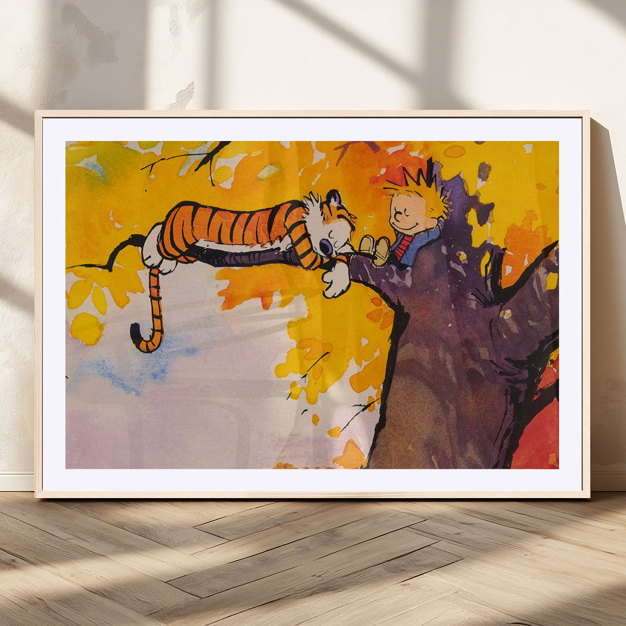 55145-MGV-CV-36X24-Cartoon Wall Art – Colorful Autumn Tree Canvas Print Whimsical Boy Tiger Relaxing Scene, Playful Vintage Style Decor for Living